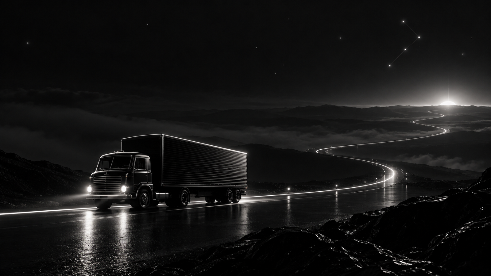 Illustrative black-and-platinum freight legacy scene: a delivery truck follows a lit road toward the horizon